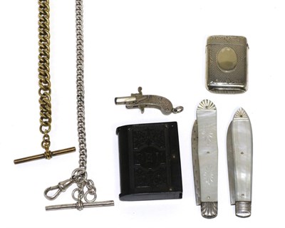 Lot 225 - A silver Albert, two silver bladed mother of pearl handled folding fruit knives, two vestas, a gilt