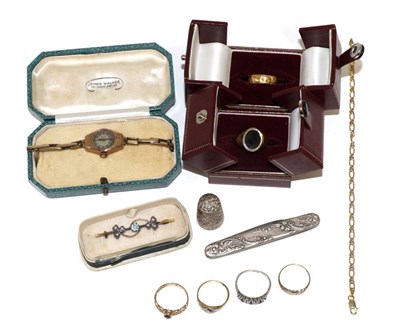 Lot 226 - A group of jewellery to include four gold rings, a 9 carat bracelet, a lady's wristwatch,...