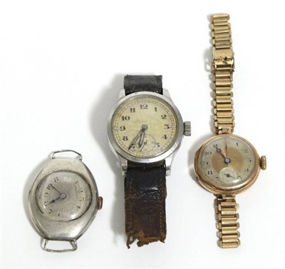 Lot 241 - A military boys size wristwatch, case back stamped ATP and broad arrow, silver oval wristwatch,...