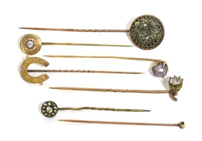 Lot 242 - Seven various stick pins, including a diamond set and pearl set examples  (7)