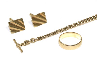 Lot 263 - A 9 carat gold Albert chain, 9 carat gold band ring and a pair of 9 carat gold cufflinks