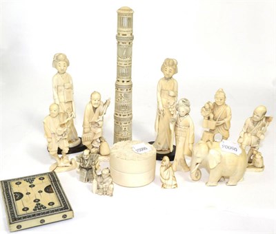 Lot 302 - A group of late 19th century/early 20th century Japanese ivory; elephant, box and cover, five...