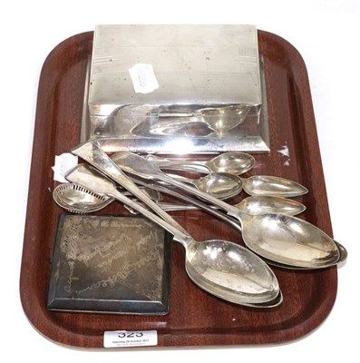 Lot 323 - A silver cigarette box, a continental silver cigarette case, various Georgian and later spoons...