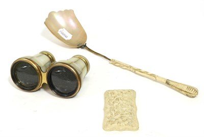 Lot 325 - Cantonese ivory card case circa 1910 and mother of pearl opera glasses and spoon