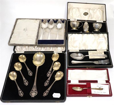 Lot 335 - Assorted cased silver sets including cruet set, serving set, various spoons etc, various dates...