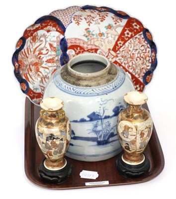 Lot 355 - A 19th century Chinese blue and white ginger jar (cover lacking), two Japanese Satsuma vases on...