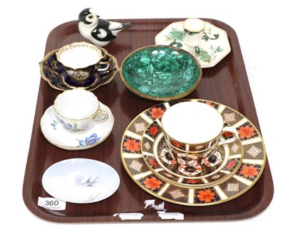 Lot 360 - A tray including Royal Crown Derby Imari trio, malachite pin dish, Royal Copenhagen dish, etc