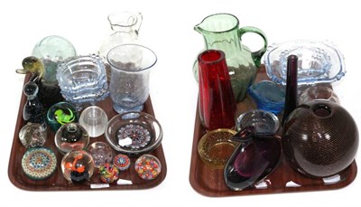 Lot 361 - Two trays of glass including Caithness and Millefiori paperweights, Venetian glass vase,...