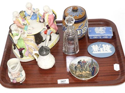 Lot 367 - A tray including a Royal Doulton stoneware tobacco jar and cover, silver collared glass scent...