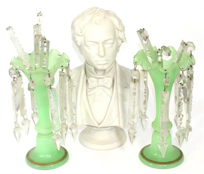 Lot 369 - A parian bust of Benjamin Disraeli by Adams & Co, together with a pair of green glass table lustres