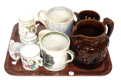 Lot 372 - Four Victorian mugs hand painted in gilt (a.f.), a Victorian treacle glaze jug, the handle...