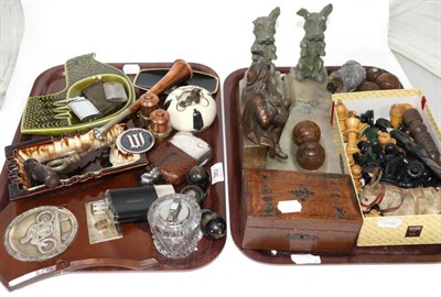 Lot 382 - Two trays including a silver motorcycle trophy mounted on an oak shield, various ashtrays, hip...