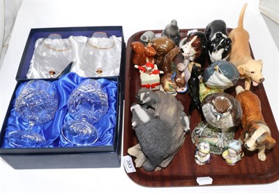 Lot 383 - Beswick Osprey decanter, Royal Doulton Merlin decanter, Beswick dogs, five small whisky...