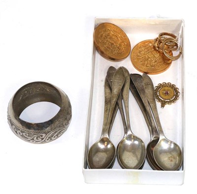 Lot 392 - 9 carat gold wedding band, two silver gilt coins, two pairs of earrings, eight silver...