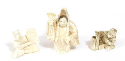 Lot 426 - A group of three Japanese Meiji Period ivory netsukes comprising a Kabuki actor with fox mask;...