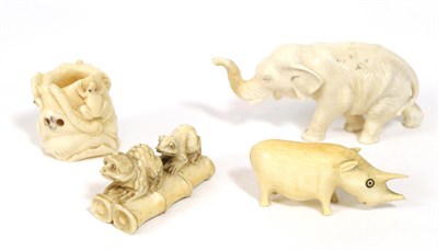 Lot 430 - Two Japanese Meiji period carved ivory netsukes one as Kappa and frog on bamboo, the other as frogs