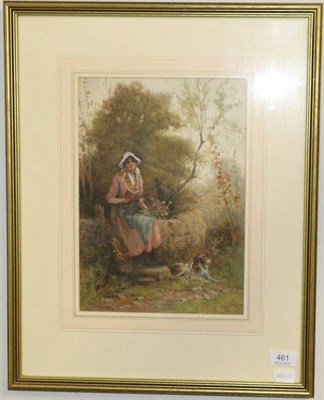 Lot 461 - Joshua Fisher, a lady reading in a garden, a spaniel at her feet, watercolour, signed lower left