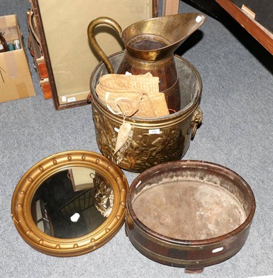 Lot 486 - A coopered oak planter bearing label, together with a coopered oak harvest jug, a twin handled...