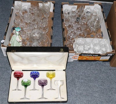 Lot 493 - Large quantity of assorted cut glass, including case colour flash wine glasses; Stuart glass...