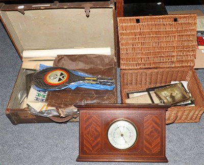 Lot 500 - Edwardian mahogany barometer (a.f.), tin trunk, wicker hamper and a vintage suitcase and contents