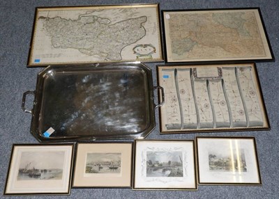 Lot 521 - A box including a twin handled silver plate tray, various maps and other pictures