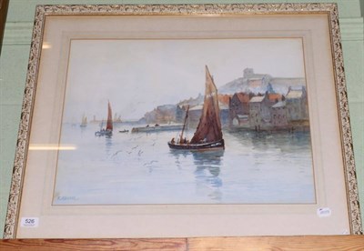 Lot 526 - Frank Rousse (fl.1897-1917) Fishing boats in Whitby harbour, signed, watercolour, 43.5cm by 58.5cm