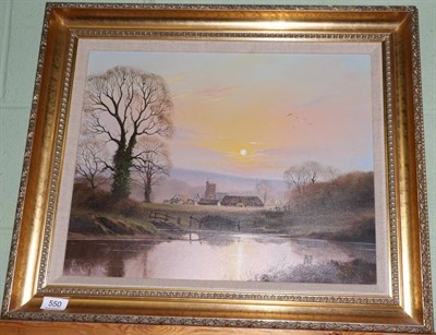 Lot 550 - Peter Cosslett (b.1927), sunset over a church in an open landscape, signed, oil on canvas, 39cm...