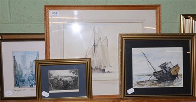 Lot 554 - J T Culpan (20th century) sailing ships, watercolour and John Duerden beached skiff...