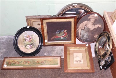 Lot 564 - A group of pictures including a Regency style convex mirror, a silkwork still life, a hunting scene