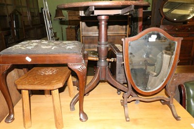 Lot 673 - A small group of furniture including a tilt top tripod table, a commode stool, a piano stool,...