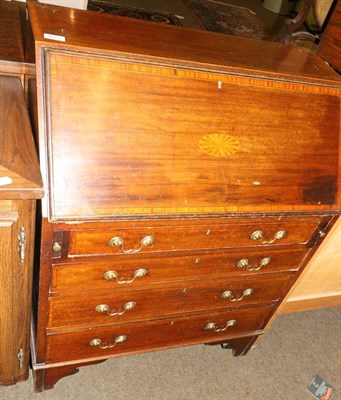 Lot 675 - An inlaid mahogany bureau together with an oak three tier bookshelf