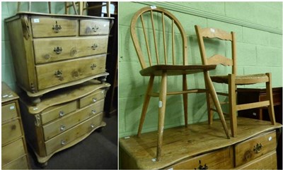 Lot 703 - Two serpentine topped pine three height chests of drawers and two chairs (4)