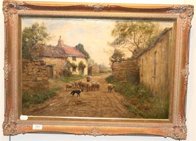 Lot 741 - Oliver Hayes, figures herding sheep on a country pathway, oil on canvas