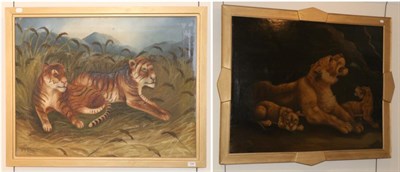 Lot 744 - A A Webster (early 20th century school) study of lioness and cubs large oil on canvas in gilt...