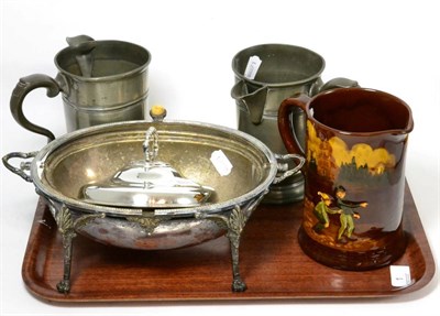Lot 1 - Two pewter measures inscribed 'Angel, Waltham Abbey', a Doulton jug and a plated breakfast dish