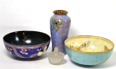 Lot 7 - R Lalique glass flower ornament, Carlton lustre bowl another Carlton bowl and a Doulton vase (4)