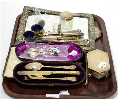 Lot 17 - A collection of silver including a trinket box, dressing table jars, coffee bean spoons, a...