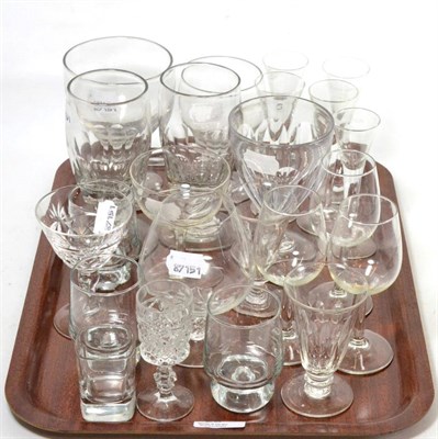 Lot 23 - A collection of miscellaneous glass wares including a pair of 19th century stemmed ale glasses,...
