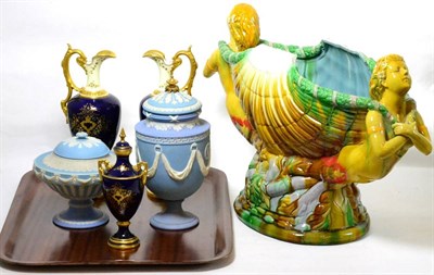 Lot 31 - A Mintons style Majolica centrepiece together with a Wedgwood blue jasper vase and matched...