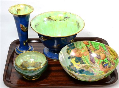 Lot 36 - A Wedgwood lustre pedestal vase, fish decoration; together with two others and another dish (4)
