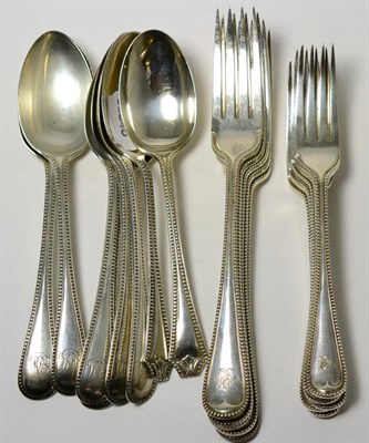 Lot 52 - A 19th/20th century composite silver part service of beaded spoons and forks, including six...