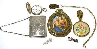 Lot 80 - A silver card case, J B & Co Birmingham, 1905 together with a silver pocket watch and other items