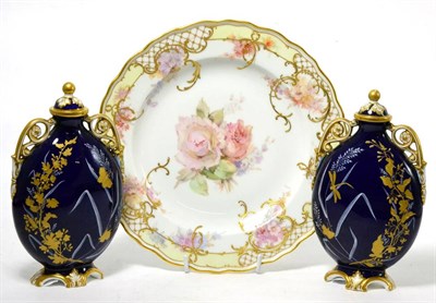 Lot 106 - A Meissen cabinet plate painted with flowers (second) together with a pair of Worcester urns...