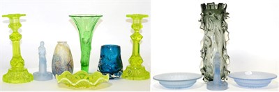 Lot 130 - A pair of glass candlesticks together with assorted Art Deco and other glass including and...