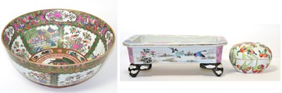 Lot 131 - A large 20th century Canton style Chinese punch bowl; a peach box and cover; and a rectangular...