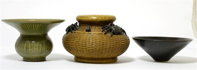 Lot 153 - A group of Oriental items including; a vase in basket form with crab and shell decoration; a...