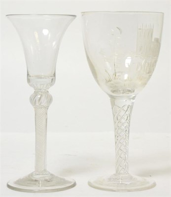 Lot 169 - An opaque air twist stem wine glass with trumpet shaped bowl; and an air twist stem wine glass...