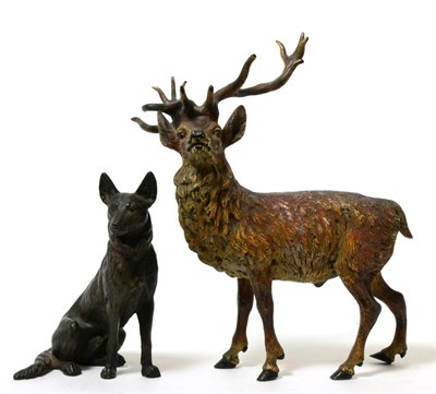 Lot 178 - A cold painted bronze model of a stag; together with a model of a seated German Shepherd (2)