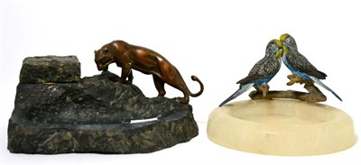 Lot 183 - A bronze mounted inkstand featuring a tiger; together with a stone ashtray mounted with a pair...
