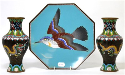 Lot 207 - An octagonal cloisonne enamel charger and a pair of vases